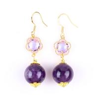 China Handmade Amethyst Natural Crystal 14MM Big Round Shape Beaded Short Dangle Earring For Jewelry Gift on sale