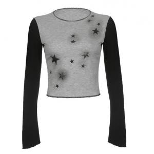 Custom Clothing Factory China Ladies Star Print Color-Block Long-Sleeved Pullover Top