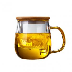 Bamboo Cover Clear Glass Tea Cup With Infuser , Hand Blown Office Tea Maker
