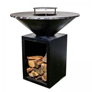Outdoor Black Charcoal BBQ Grill Metal Barbecue Fire Table With Wood Storage
