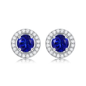 China Blue 925 Sterling Silver Zircon Round Gemstone Stud Earrings For Gift Giving supplier
