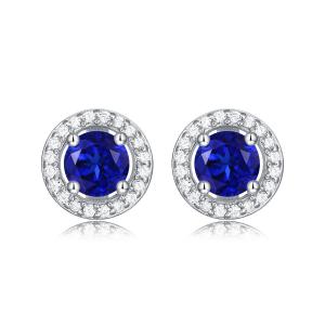 Blue 925 Sterling Silver Zircon Round Gemstone Stud Earrings For Gift Giving