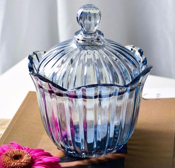 Blue Glass Candy Jar / KTV Decoration Sugar Bowl With Lids / Glass Bowl