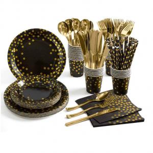 10 PCS  Gold Black Tea Birthday Party Paper Plates And Cups Napkins Disposable