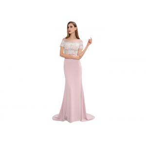 Pink Tight Long Arabic Wedding Party Dresses Short Sleeve U - Neck With Embroidery Decoration