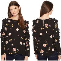 China Fall Clothing W Ruffle Long Sleeve Detail Black Blouse Floral Ladies Tops on sale