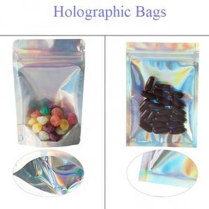 China 0.5OZ Holographic Stand Up Pouch Silver ziplockk Foil Bag Pouches With Tear Notch supplier
