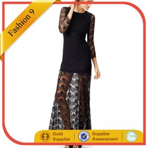 Women Black Sheer Lace Evening Gown Dress With Long Sleeve