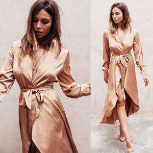 Fall Women Clothing Sexy Deep V Neck Satin Wrap Dress