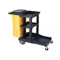 China Black Plastic Cleaning Cart with 3 Shelves and Yellow Vinyl Bag 4'' Non - Marking Casters and 8 Rear Wheels on sale