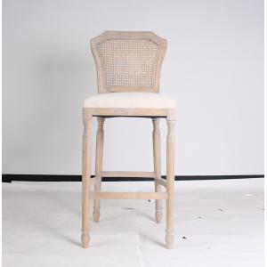 China Wholesale event odd country style bar stool chair rattan back antique bar stools wooden carved with linen fabric barstoo supplier