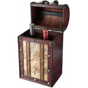 2 Bottle Faux Leather Antique Map Design Wooden Wine Box With Lid And Handle