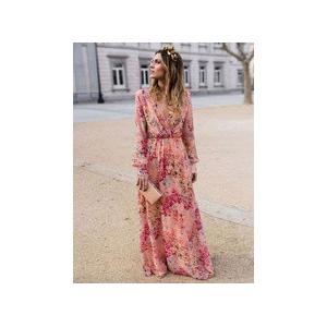 China Long Sleeve Floral Casual Dress OEM Polyester V Neck Maxi Dresses supplier