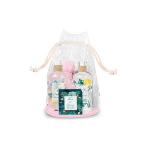 Le cadeau de Bath de sacs de dame à PVC place avec le gel de douche, lavage de corps, savon de bain, bande principale, gants de Bath