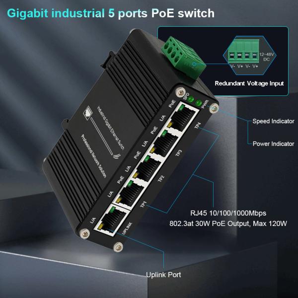 China ミニインダストリアル 4ポート 10/100/1000BASE-T 802.3at PoE + 1ポート 10/100/1000T イーサネット スイッチ wholesale