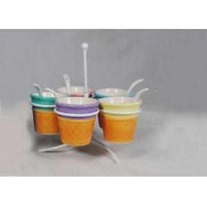 Customized Ceramic Houseware Mini Ice Cream Cups With Spoon / Metal Rack