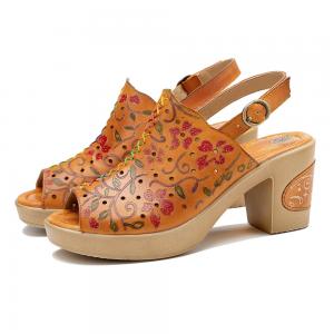 Bohemian Fashion Women Sandals Orange Leather Block Heel Sandals