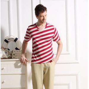45% Cotton 55% Hemp Material Red And White Striped T Shirt Mens Casual Style