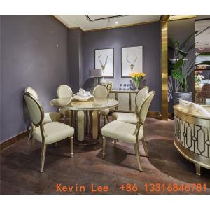 Luxury dining room furniture circle table on golden leaf painting with Stainless steel legs used by Beech wood chairs