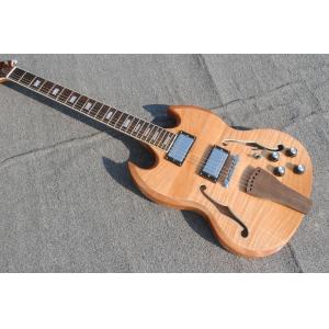 High quality custom 6 string electric guitar, flame maple veneer, wood color body, double F hole half hollow body, rosew