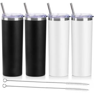 20 oz Stainless Steel Skinny Tumblers  Double Wall Insulated Water Tumbler Cup with Lids, Straws and Straw Brushes