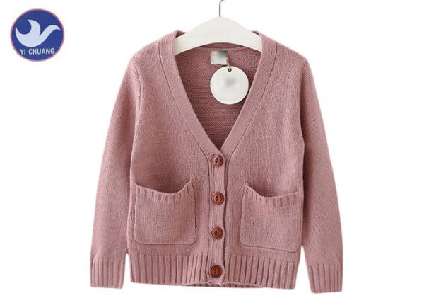 V Neck Light Pink Girls Cardigan , Girls Button Up Cardigan Two Patch Pockets