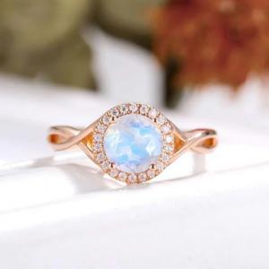 925 Sterling Silver Natural Gemstone Jewelry Round Faceted Rainbow Moonstone Engagement Ring