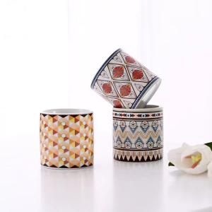 Scented Cylinder Ceramic Candle Jar With Vintage Tile Pattern Printed
