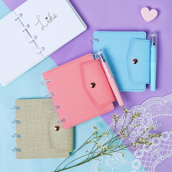 RINGNOTE A7 Size PU Leather Portable Luxurious High Quality Mini Small Disc Bound Snap Ring Pocket Notepad Notebook with Pen