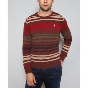 Men's 100% lambswool knitted Striped Sweater with woven elbow patch