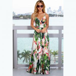 Polyester Women Floral Dresses Casual Summer Sleeveless V Neck Maxi Dress