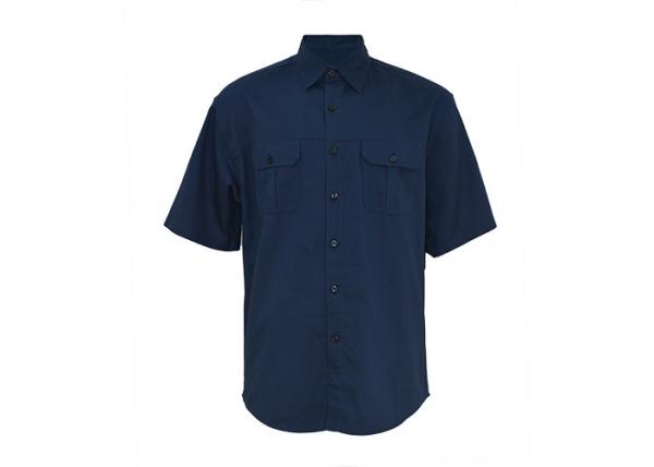 Men's 100% Cotton Twill Custom Work Shirts Short Sleeve Dark Blue Chest Pockets
