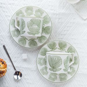 China Alice Green Ceramic Decal Porcelain Cup And Saucer Set For Afternoon Tea 300ml Volume wholesale
