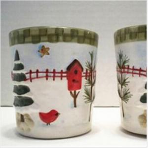 Candle Set of 2 Ceramic Christmas Votive Holders Pine Trees Birdhouse EUC