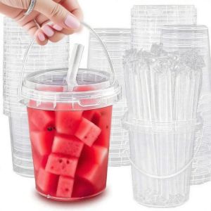 China Clear Plastic Cups 24 oz Ice Cream Buckets with Lids & Straws Drink Cups Cocktail Pails Bulk with Handles wholesale