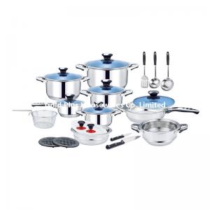 Pots and pans 25pcs non stick soup pot stainless steel kitchen utensils long handle noodle pot with blue glass lid