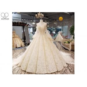 Luxury Champagne Ladies Bridal Gown , Tulle Lantern Long Sleeve Bridal Dresses