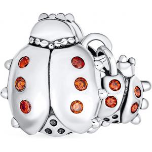 Insect Garden Mother Baby Ladybugs Red CZ Dangle Charm Beads Good Luck