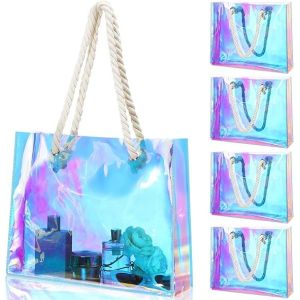 Beach Totes Bags For Women Waterproof Iridescent Shoulder Handbags With Phone Pouch Clear Beach Bag, Foldable & Washable Tote Bag For Work Gym Pool, Travel Wedding, Compatible