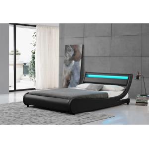 Plywood LED Upholstered Bed Light Headboard PU Black Leather Double Bed Frame