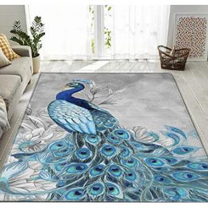 Customized Peacock Area Rug Under Couch Polyester Carpet For Living Room