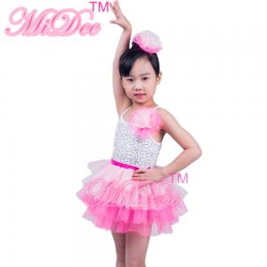 Two Tones Tiers Skirt Silver Sequins Bodice Dress Dance Clothes for Kids