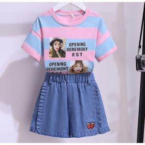 China Striped Strawberry Denim Fabrics Primary Children'S Clothing Girl'S 2pcs Set supplier