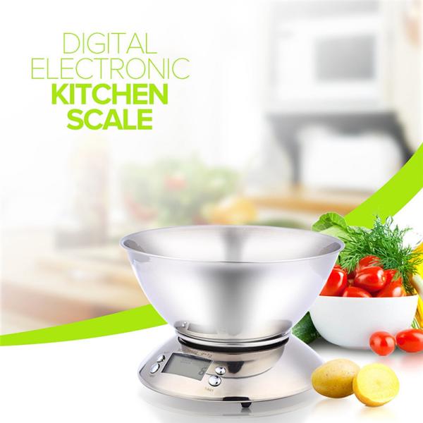 Electronic Stainless Steel Kitchen Scale 1g Bowl Scale Temperature Function Peel Fruit/Baking Weighing Features Battery Powered