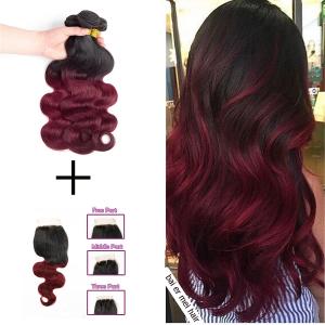 Pre-colored Ombre Hair Weave 3 Bundles with Closure 4x4 1b/99j Ombre Brazilian Body Wave Human Hair Bundles with Closure