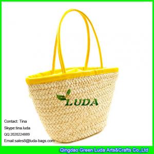 LUDA light yellow genuine leather handbags cornhusk straw beach bag sets