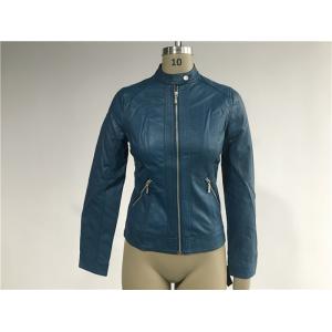 China Mandarin Collar Teal Pleather Biker Jacket For Womens Tw76349 supplier