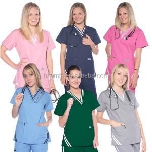 Short Sleeve Solid Color Stylish Nursing Scrubs  65% Cotton 35% Polyester