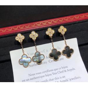 2 Motifs 18K Rose Gold Magic Alhambra Earrings With Grey Mother Of Pearl High end custom jewelry manufacturer