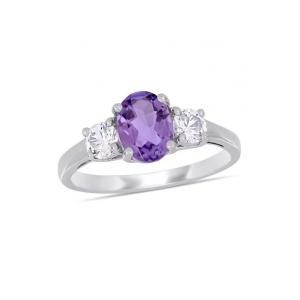 Oval Cut Amethyst and Created White Sapphire 3-Stone Ring in Sterling Silver